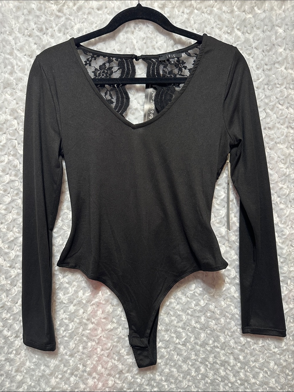 iris Black Long-Sleeve V-Neck Lace-Back Bodysuit